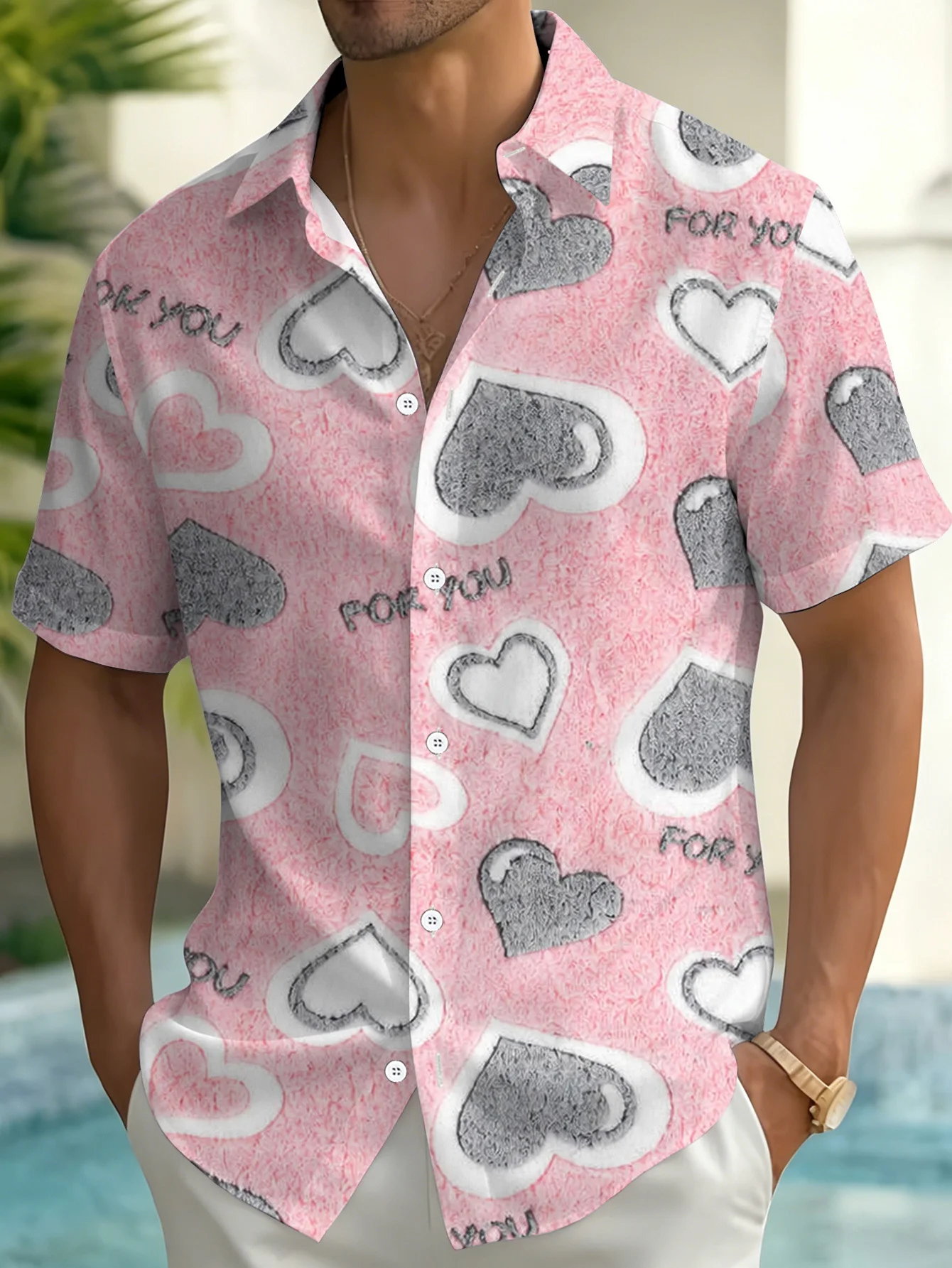 Men Short Sleeve Shirt Pink Heart Letter Print Turn‑Down Collar Button‑Up Beach Summer Top