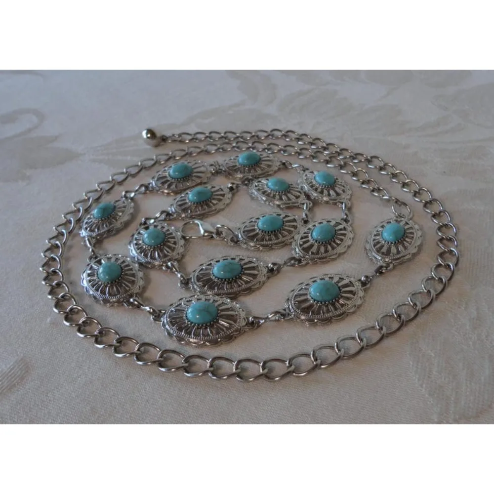 Vintage Concho Link Belt Simulated Blue Turquoise Look Beads Silver Plated Metal