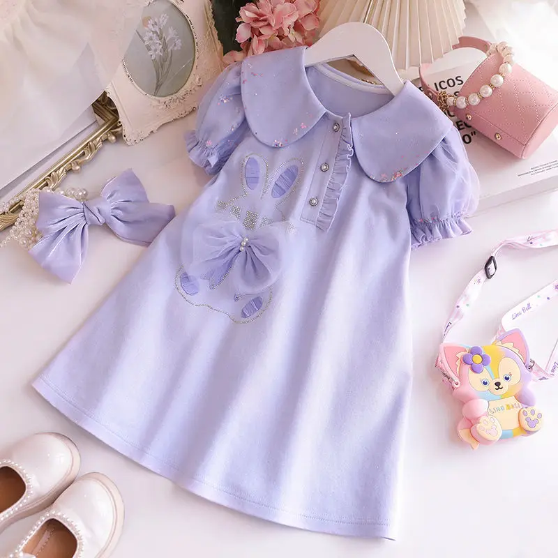 Girls\' Dress Summer Girls\' Polo Collar Solid Color Dress Girls\' Puffy Sleeve Short Sleeve Dress Ropa De Niña Vestidos