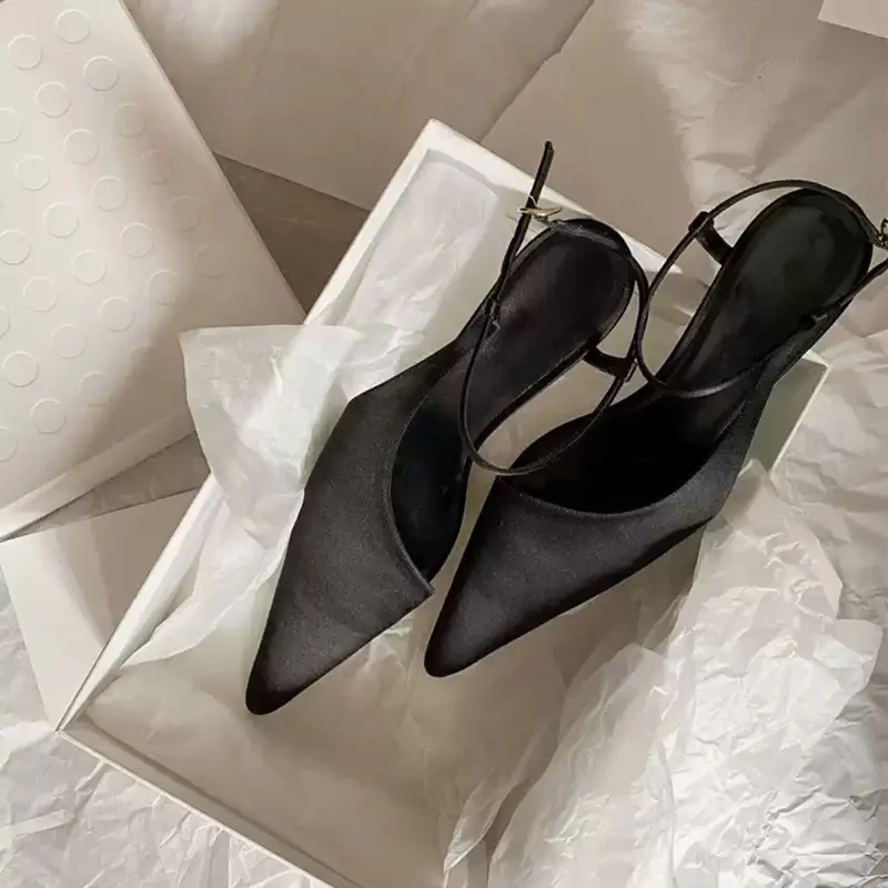 Black Satin Pointed Toe Slingback Thin Ankle Strap Stiletto Sandals Adjustable Buckle Ladies Party Summer Formal Dress Footwear