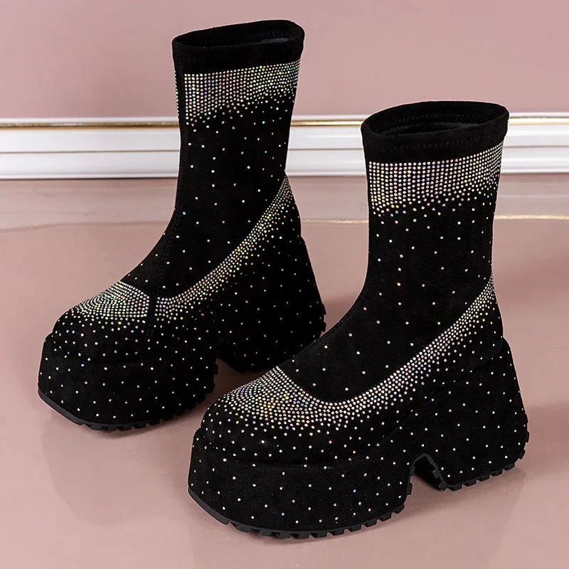 

Luxury Rhinestone Super High Heel Elastic Slim Boots Retro Suede Wedge Heel Heightening Casual Mid Boots Sexy Women's Boots