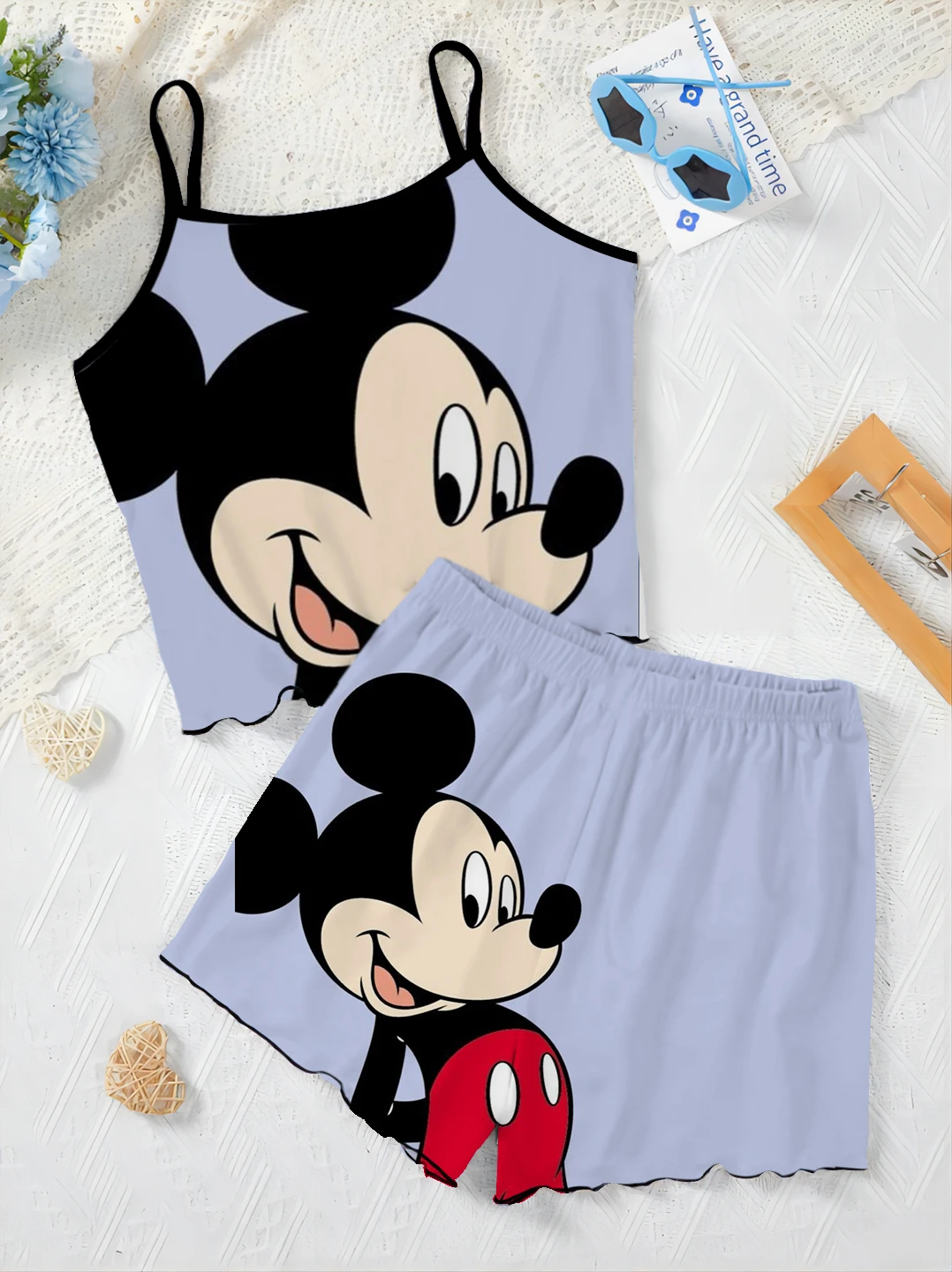 Kurze Sets für Frauen 2 Stück Damen anzug Home Kleid Minnie Maus T-Shirt Mickey Top Disney Salat Trim Pyjama Rock elegant