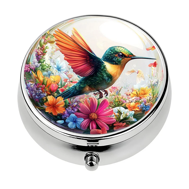 Single-layer pill box, three-compartment design, with hummingbird and floral pattern, perfect for organizing pills, a unique travel gift