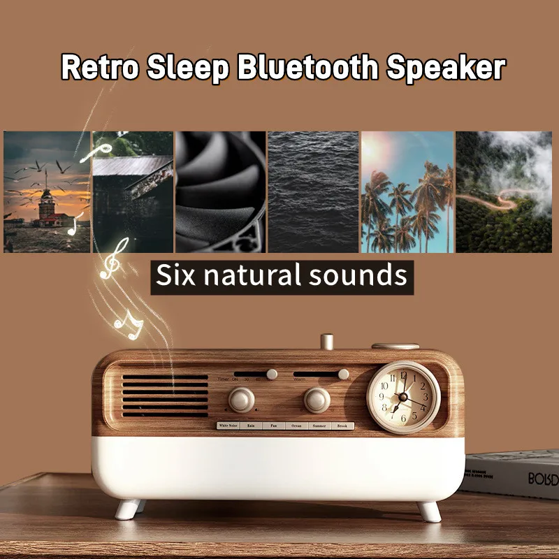 Vintage Sleep Sound Machine Sunrise Simulation Wake Up Alarm Clock Bedside Night Light Faux Wood Grain White Noise Sound Machine