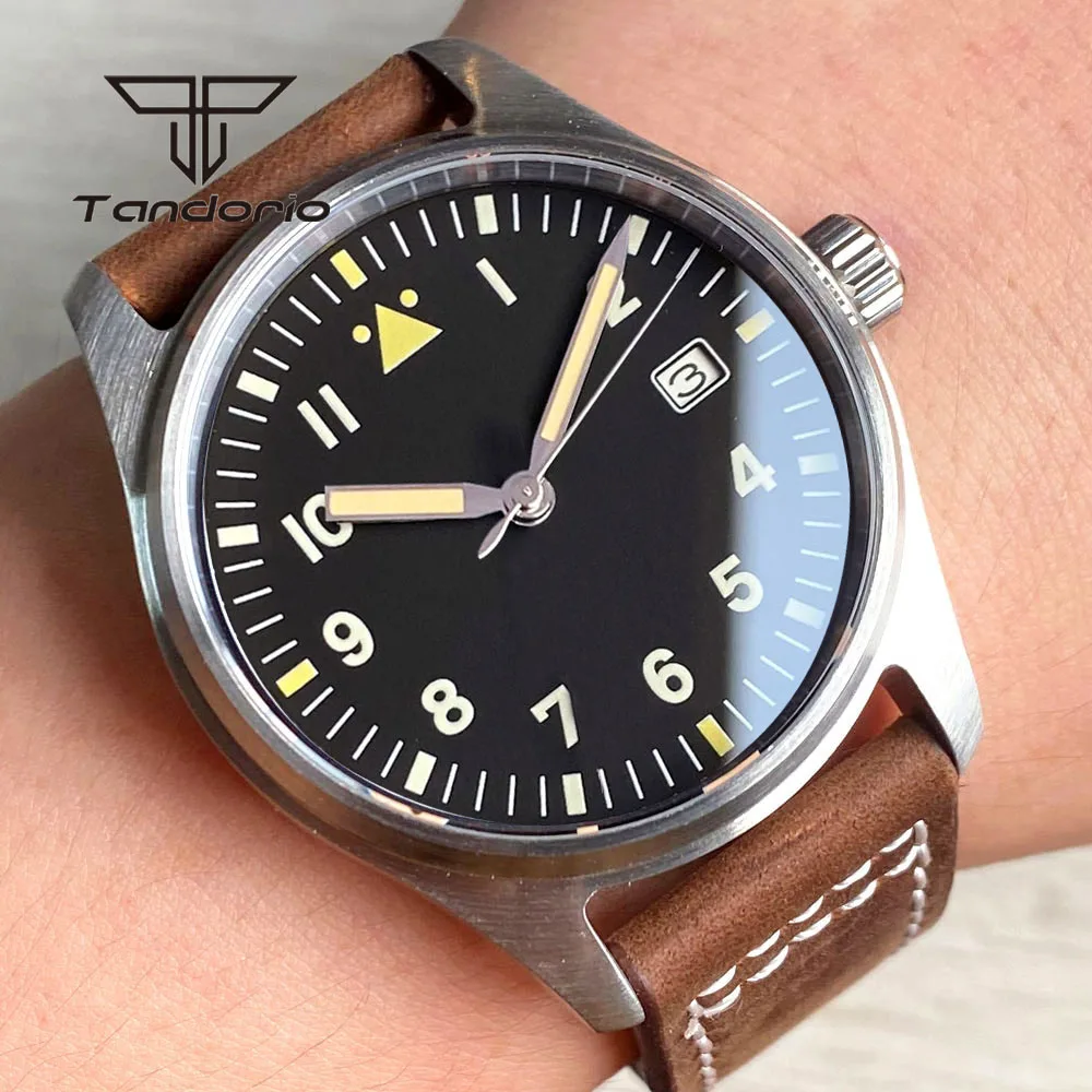 Tandorio Titanium/Stainless Steel 20Bar Dive 39mm Pilot NH35 Automatic Watch for Men Sapphire Glass Date Leather Green Luminous