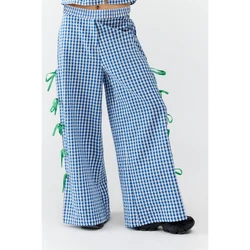 Combhasaki Women's Y2K Cute Plaid Print Wide-Leg Long Pants with Side Bowknot Tied Elastic Waist Spring Summer Loose Trousers