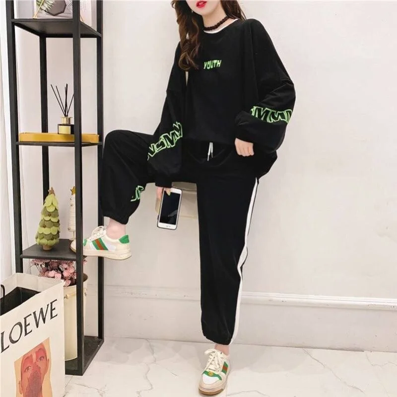 Women\'s 2023 New Spring And Autumn Sports Suit Large Korean Style Student Long Sleeve Hooded Tops And Pants Loose Two Piece Sets