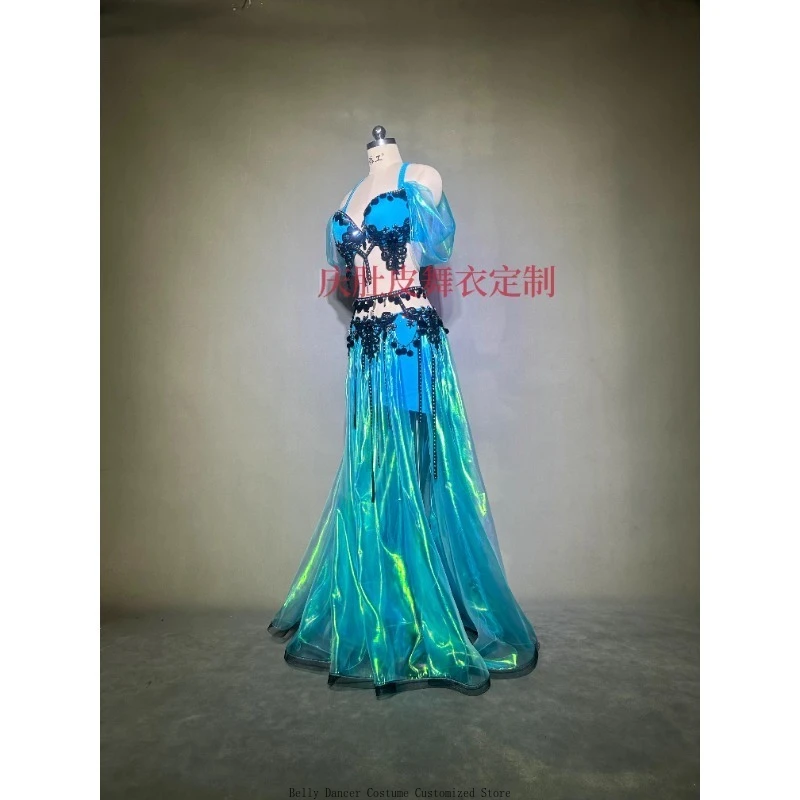 Trajes de dança do ventre personalizados vestido de desempenho oceano fantasia azul conjunto equipe desempenho jogo vestido sutiã cinto saia longa terno