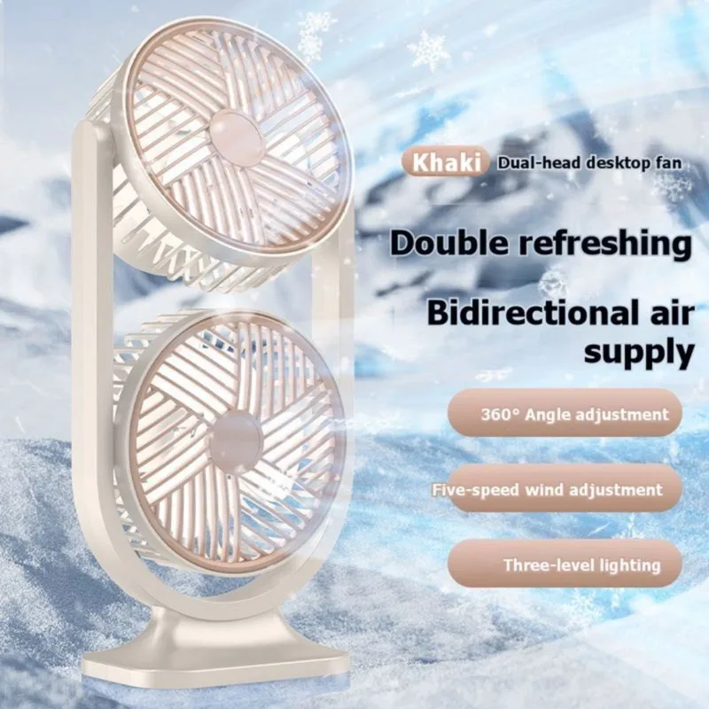 A65T Dual Head Desktop Fan USB Rechargeable Low Noise Personal Cooling Fan with Night Light Portable for Indoor Outdoor Office