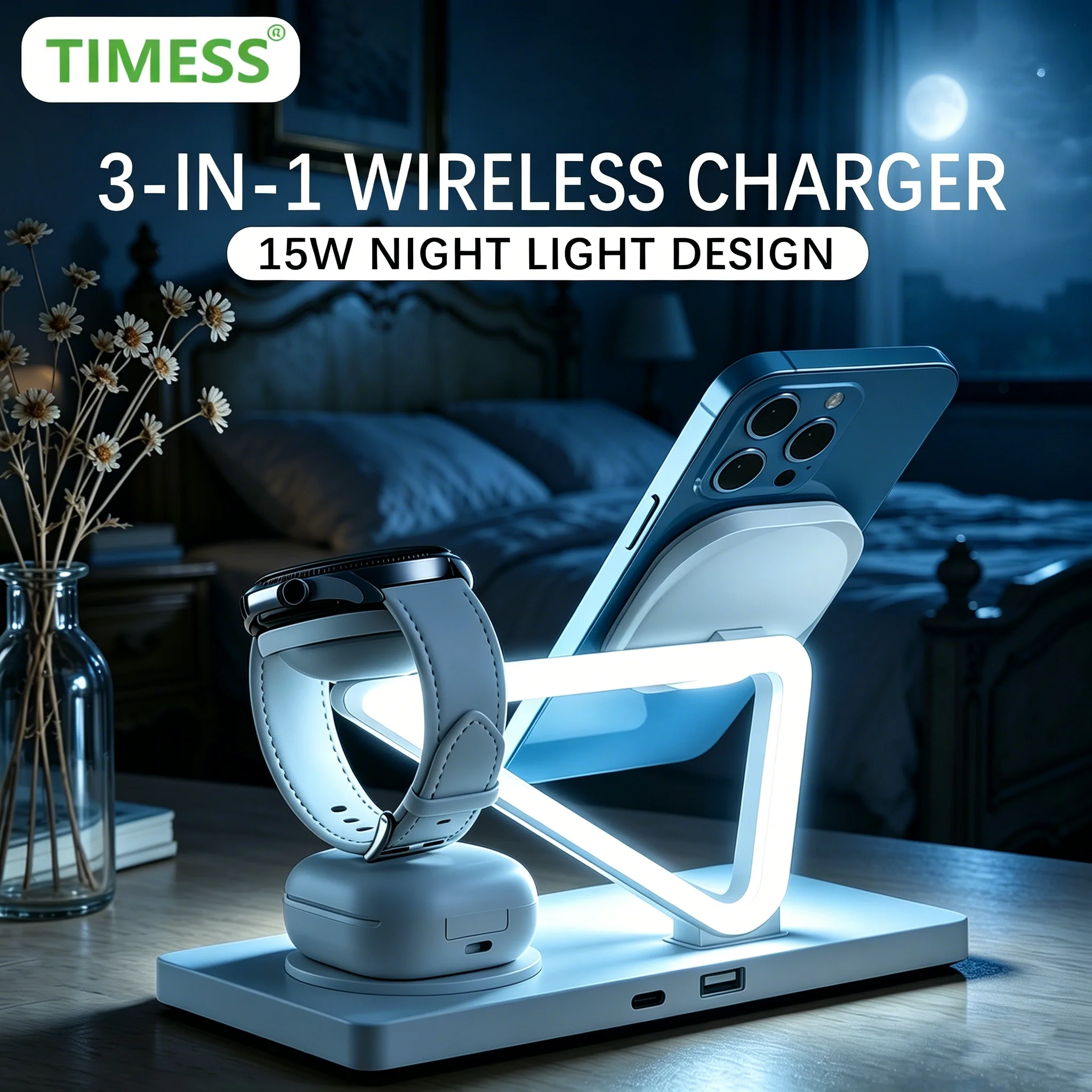 

Беспроводное зарядное устройство TIMESS Night Light Fast Charge 3-в-1 для iPhone 17/16 Pro Max, Apple Watch/Samsung Galaxy Watch, AirPods