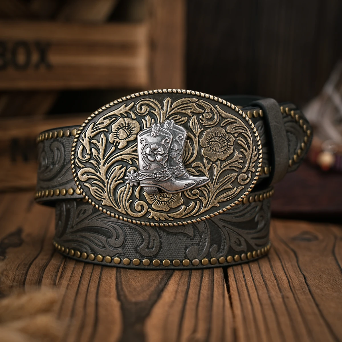 Men - Women - Western Denim - pu leather - Belt - Vintage jeans with floral carved buckle belt