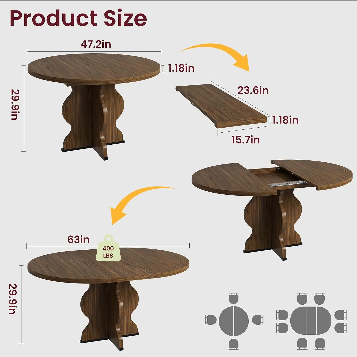 Farmhouse Dining Table Expandable Round Oval Kitchen Table Wooden Space Saving 4-8 Seater 120-160cm, Customized