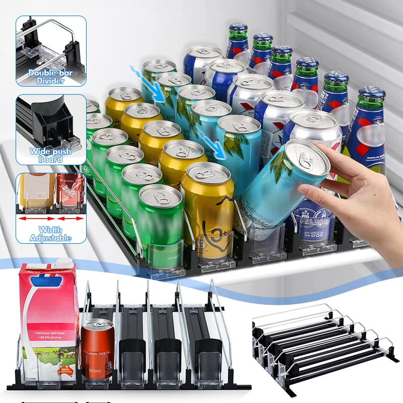 Canned Beverage Push Rack,Drink Organizer,E-shaped Glide Auto Beer Pusher Holder,Width Adjustable Drink Bottle Pusher for Fridge