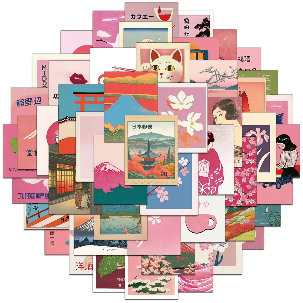 50 peças adesivos estéticos retrô japoneses criativos rosa, decoração de conta, capa de telefone diy, adesivos à prova d'água personalizados