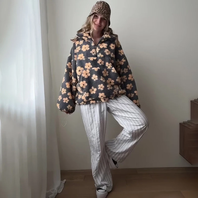 

Женский повседневный свободный пуловер с карманом на молнии, осенняя праздничная одежда, пуловер, модный свитшот из искусственной овечьей шерсти с цветочным принтом