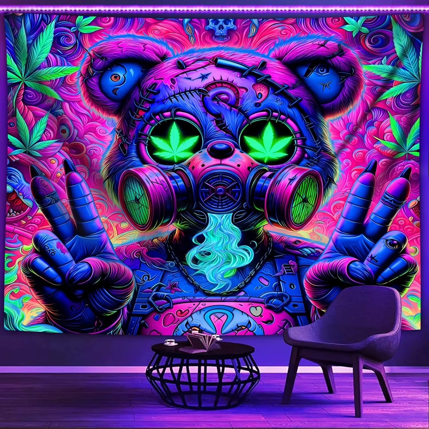 VIKAMA Cyber Psychedelic Tapestry Gas Mask Bear Neon Leaves Psychedelic Style Design Living Room Gaming Room Personalised Decor