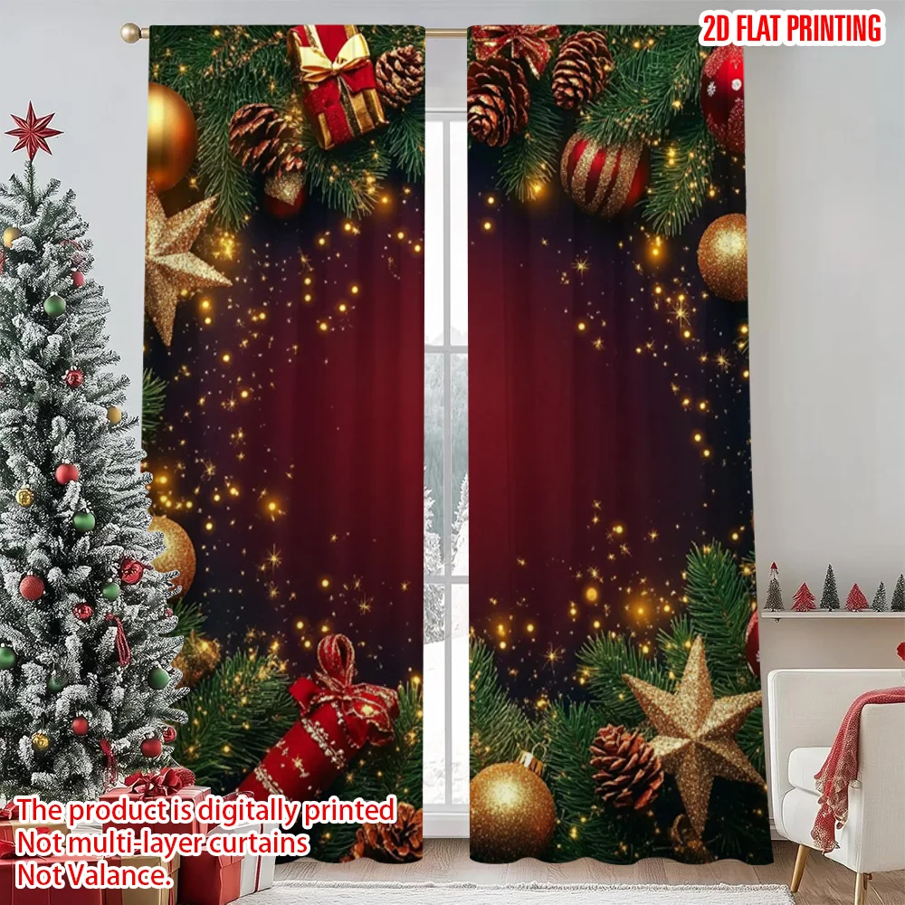 

2pcs 2D flat printing Christmas Drapes Beautiful and warm Christmas Versatile Fabric Without Electricity Spring Perfect for gold