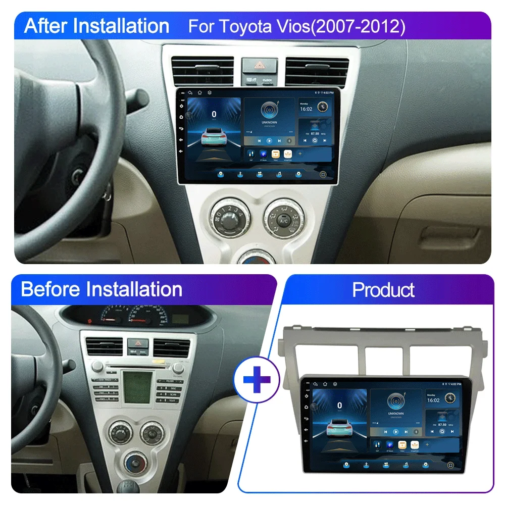 LJZN Android 16 Auto Stereo Car radio For Toyota VIOS Yaris 2007-2012 Multimedia Carplay Autoraido GPS navigation 2 din 4G+WIFI
