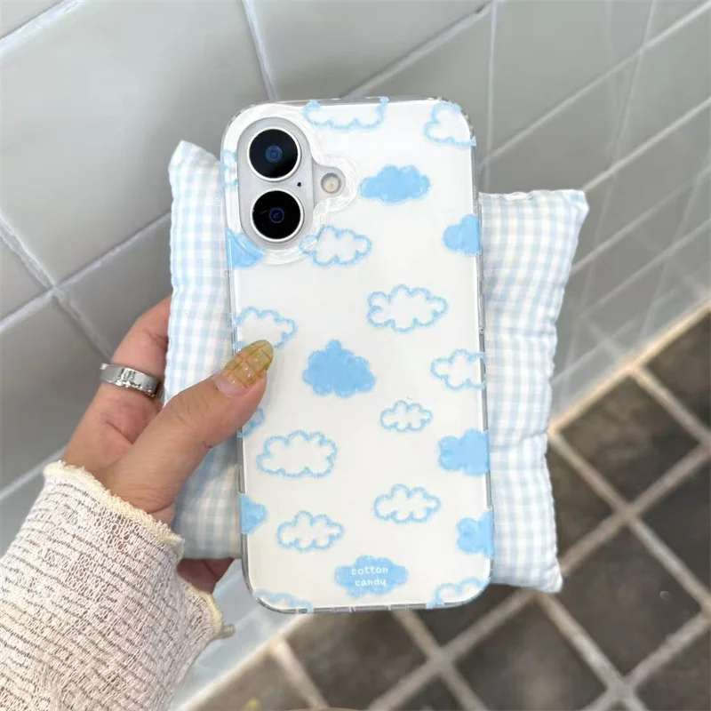 حافظة هاتف كورية لطيفة باللون الأزرق لهاتف آيفون 17 برو 15 14 16 برو ماكس مع حامل حافظات كرتونية واقية مضادة للصدمات لهاتف Gi