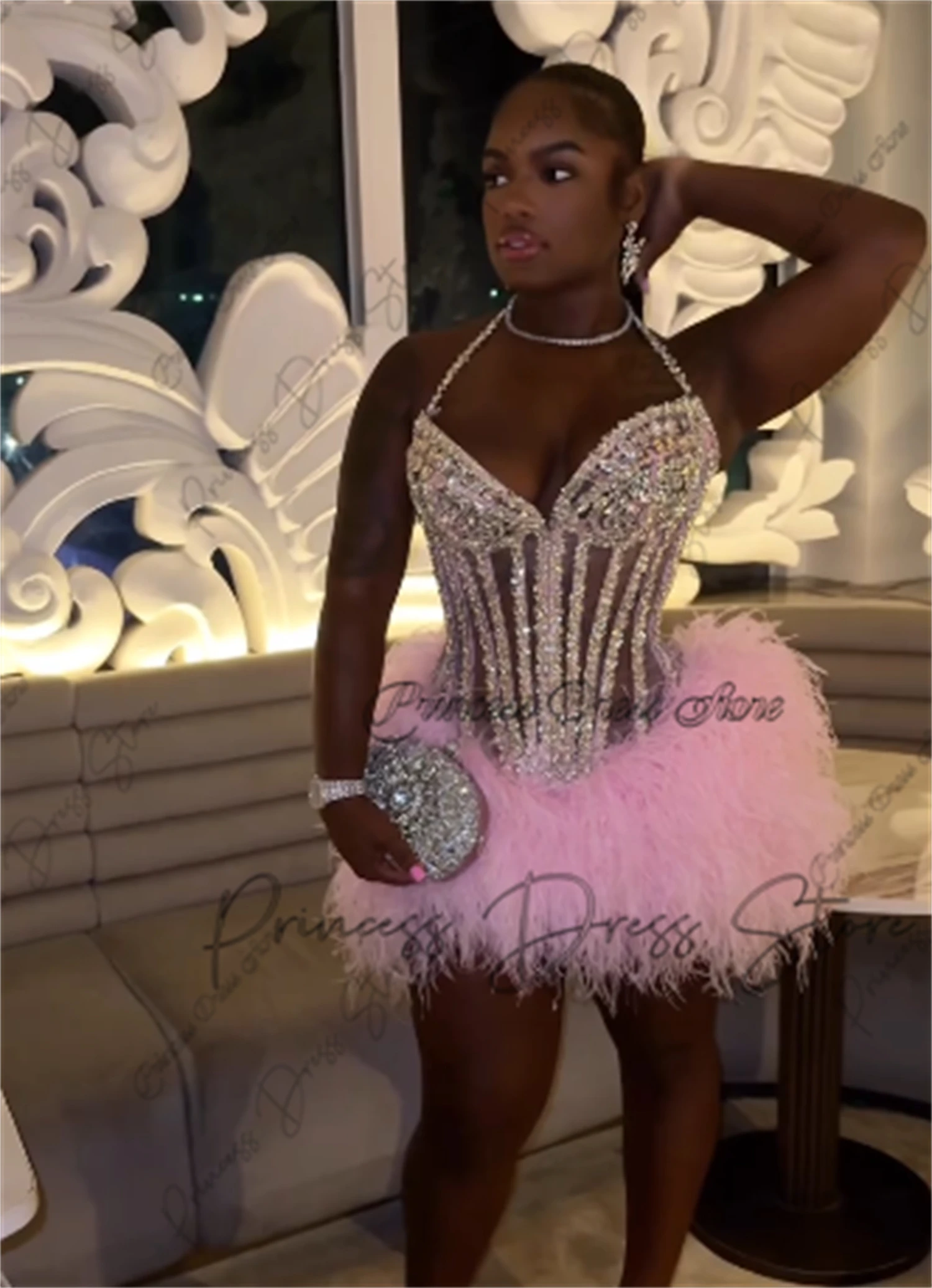 Shiny  Feather Birthday Prom Dresses Luxury Black Girls 2026 Beaded Rhinestones Homecoming Dress Mini Cocktail Gown Customized view 3