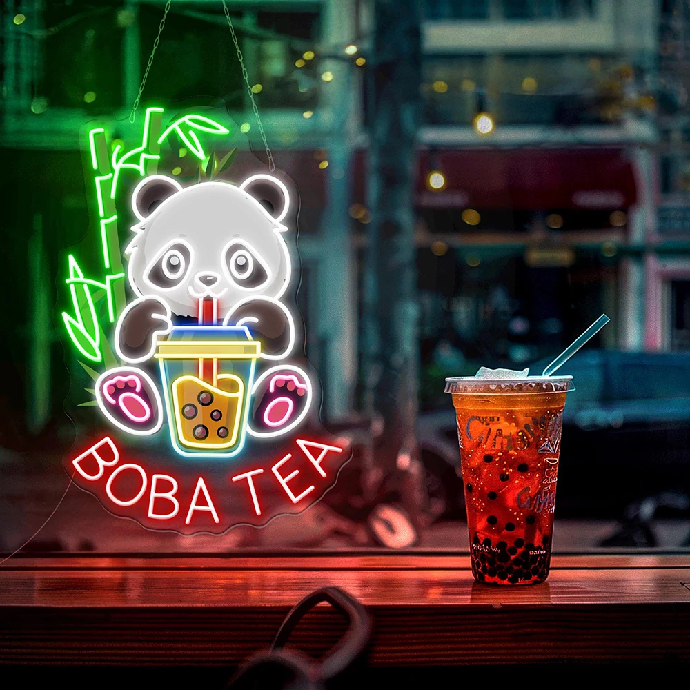 

Panda Drinking Bubble Tea Neon Sign Boba Tea Shop Decor Night Light Sign for Coffee Bar Cafe Custom Business Logo LED Neon Light