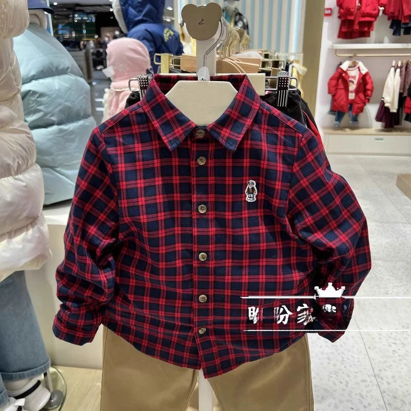 トレンドのチェック柄長袖カジュアルシャツ-男の子用-春秋新作-レッドシャツ-ベア柄-子供服ブランド
