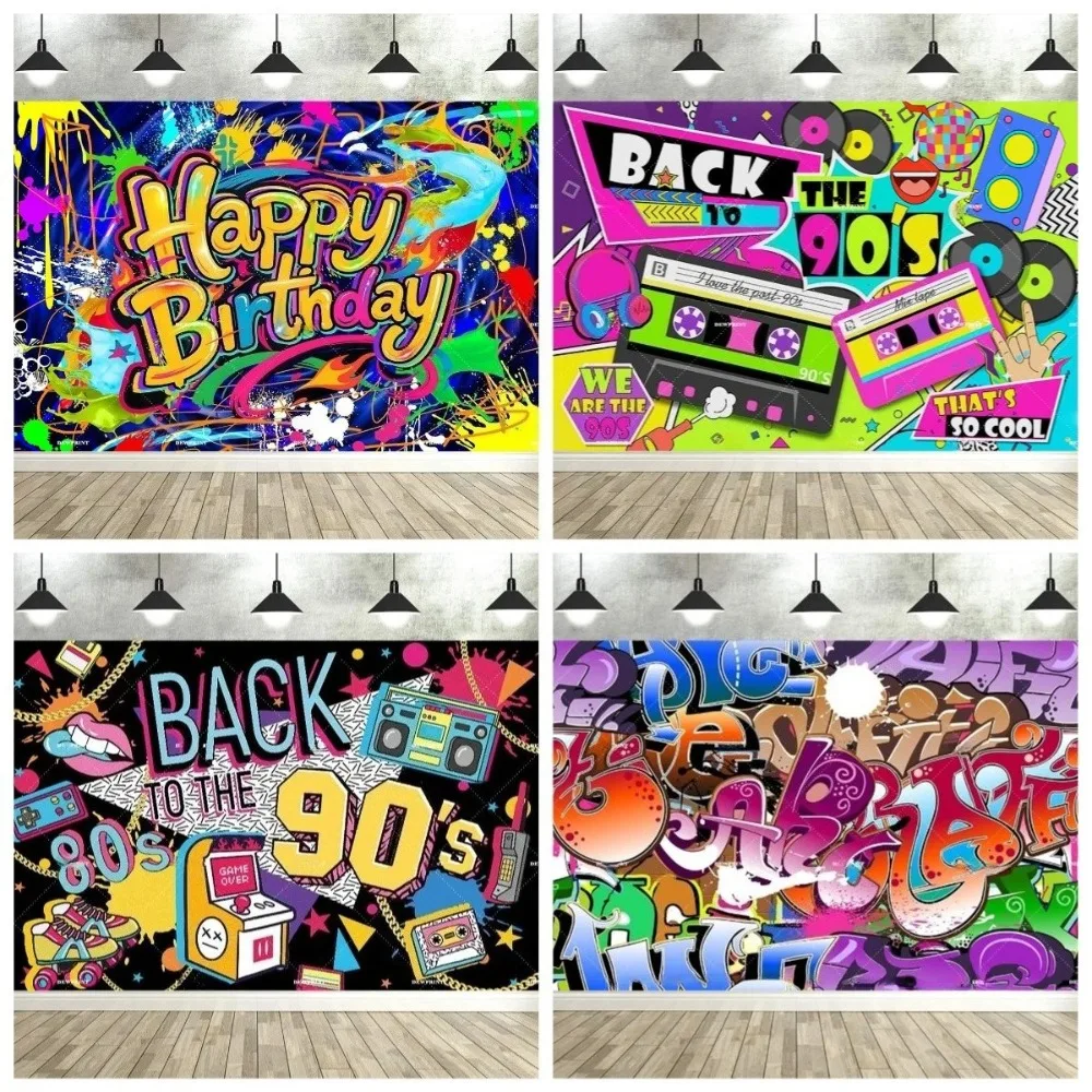

Vintage music graffiti decoration birthday banner background, 80s 90s skateboard graffiti birthday party photography background