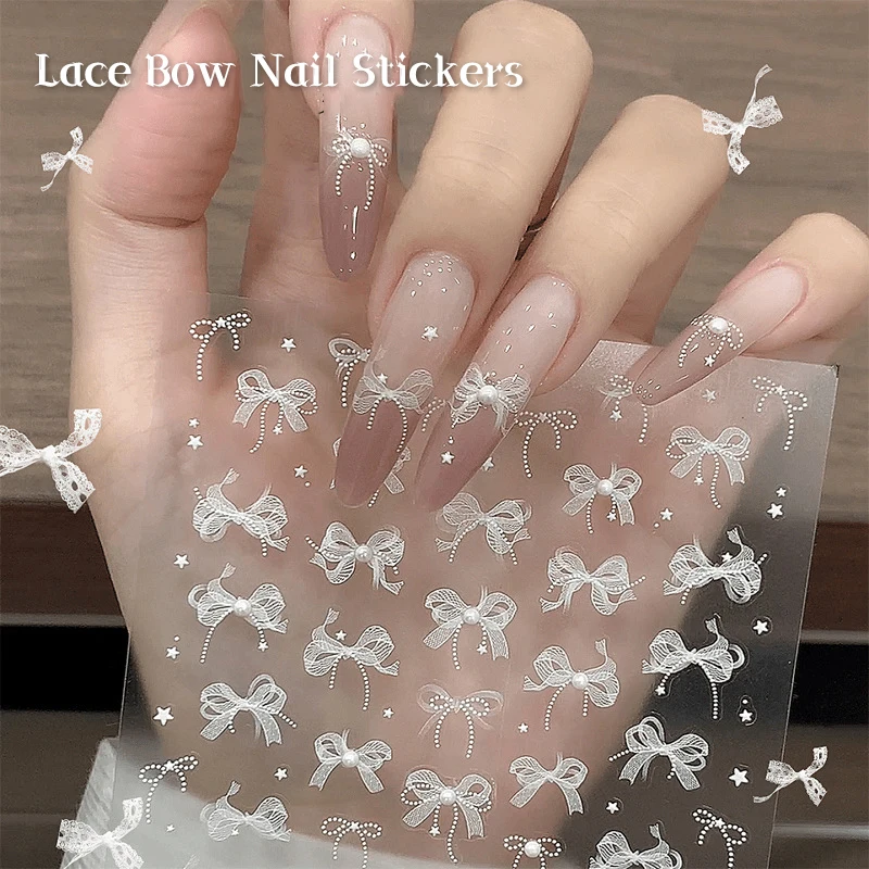 5D White Lace Bow Nail Art Stickers Pearl Rhinestones Nail Decoration Adhesive Decals Slider DIY Accessory