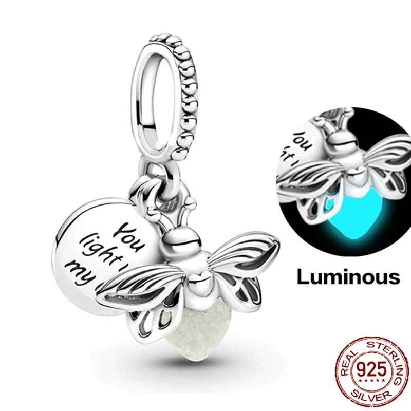 Colgante de luciérnaga luminosa de Plata de Ley 925, abalorio compatible con pulseras Pandora 925 originales, joyería fina DIY, regalos para hacer