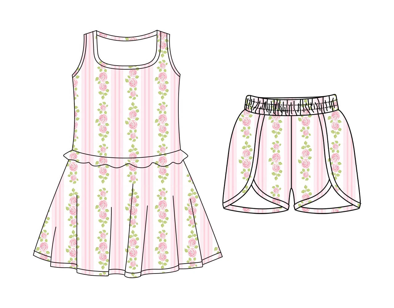 Floral Print Girls Summer Sleeveless Ruffled Dress Matching Shorts Fashionable Boutique Two-piece Set