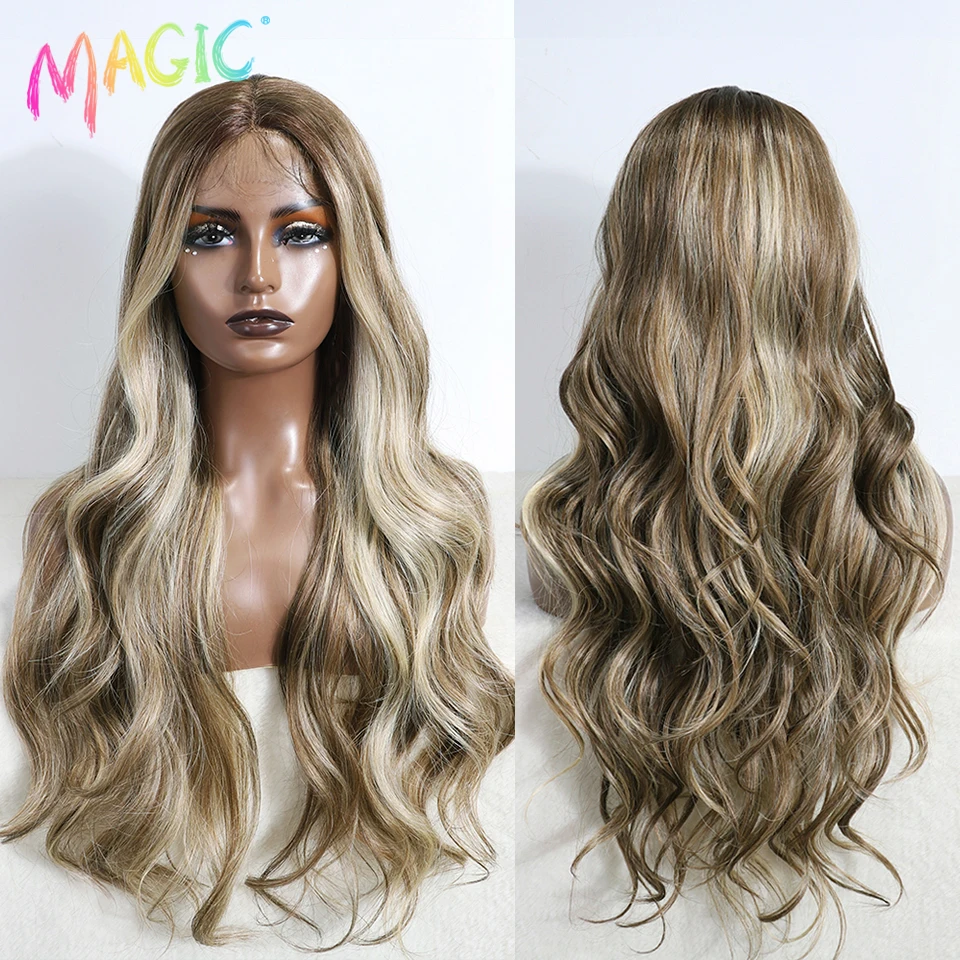 Magic  Synthetic Lace Front Wigs For Women Long Wavy 30 Inch Body Wavy Long T Part Lace Wig Ombre Blonde Ginger Blue Cosplay Wig