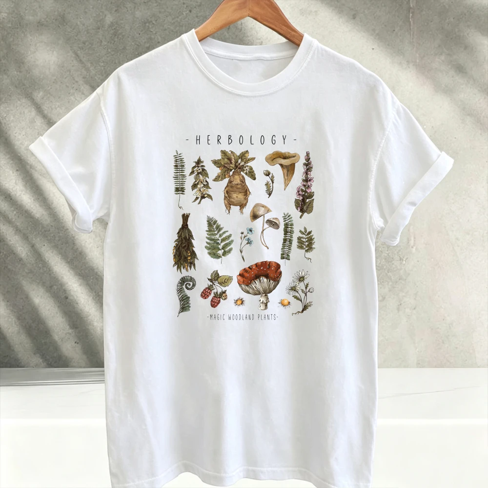 Botanical Herbology Plants Shirt Magic Woodland Fern Leaf Root Flower White Crew Neck Short Sleeve Relaxed Fit Nature Lover Gift
