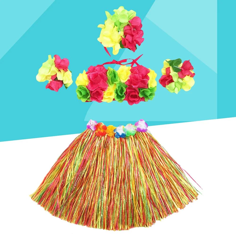 

5Pcs Hawaii Grass Skirt Hula Dance Set Elastic Waistband Colorful Flower Bracelets Headband Bra Tropical Party Accessory