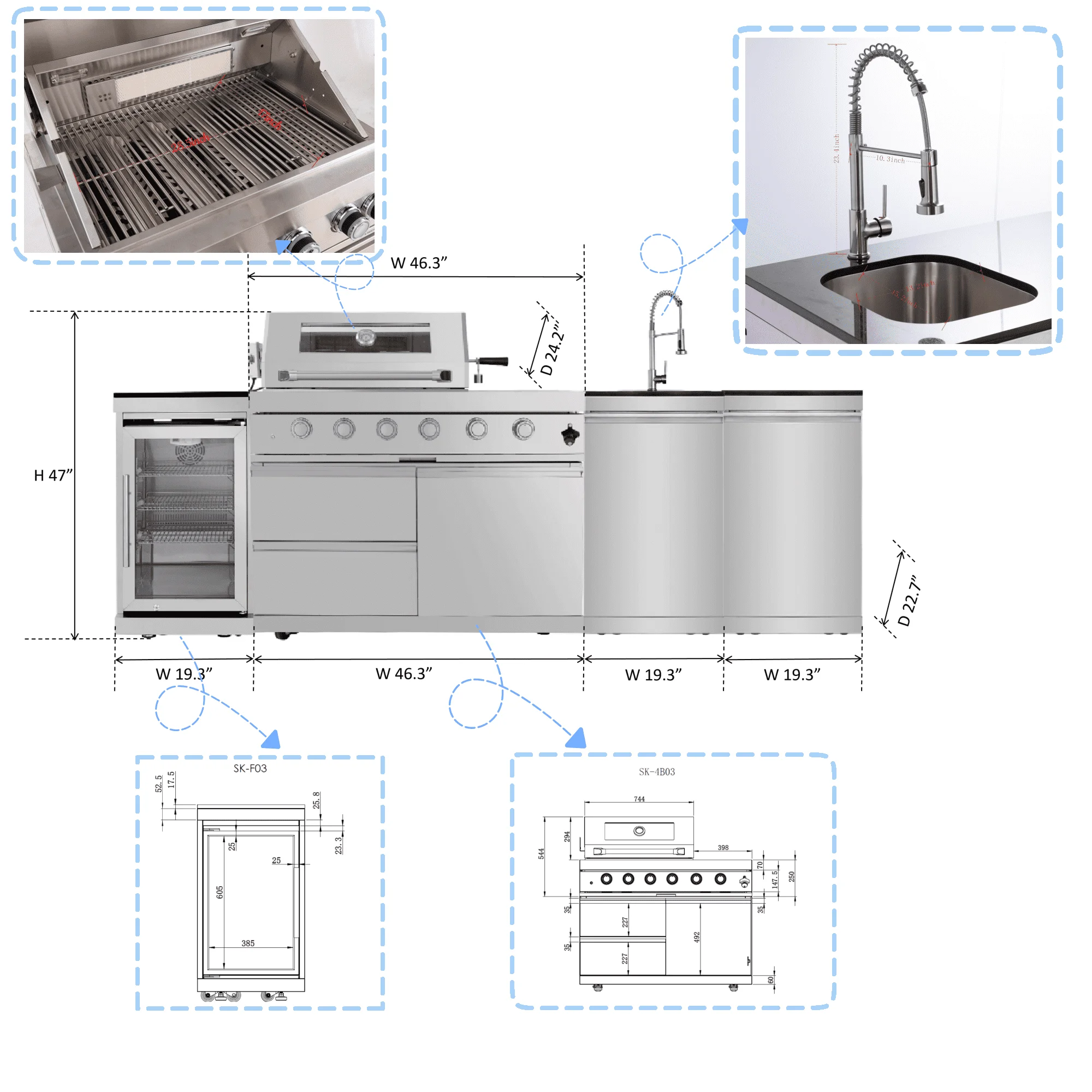 Stock in USA Warehouse 304 Stainless Steel Garden BBQ Gas Grill Modular Outdoor Kitchen Set