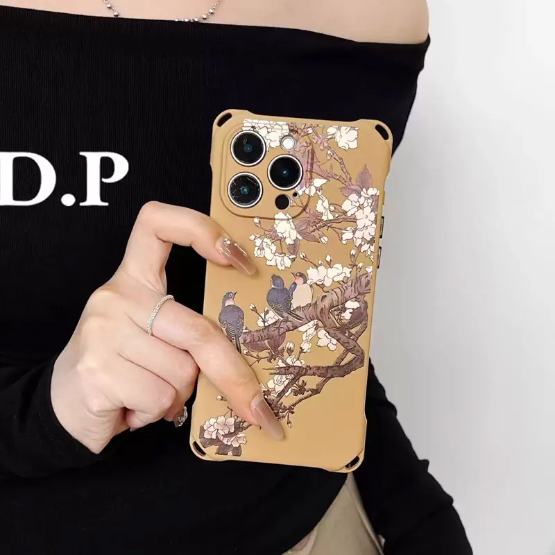 

Chinese Style Flower Bird Hanging Rope Case with Diagonal Protection Back Cover for iPhone 17promax 16plus 15 14 13 12 11 Case