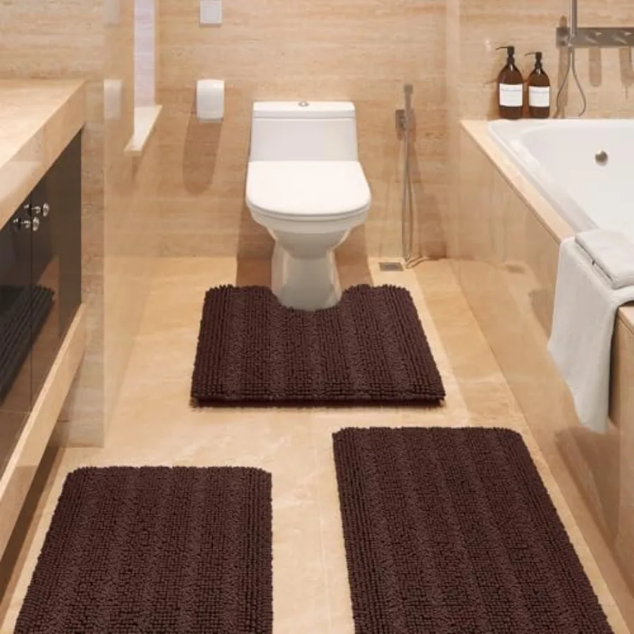 

Striped Bathroom Rug Set 3 Pieces Ultra Soft, Non Slip Chenille Toilet Mat, Absorbent Plush Shaggy Bath Mats for Bathroom, Bedr