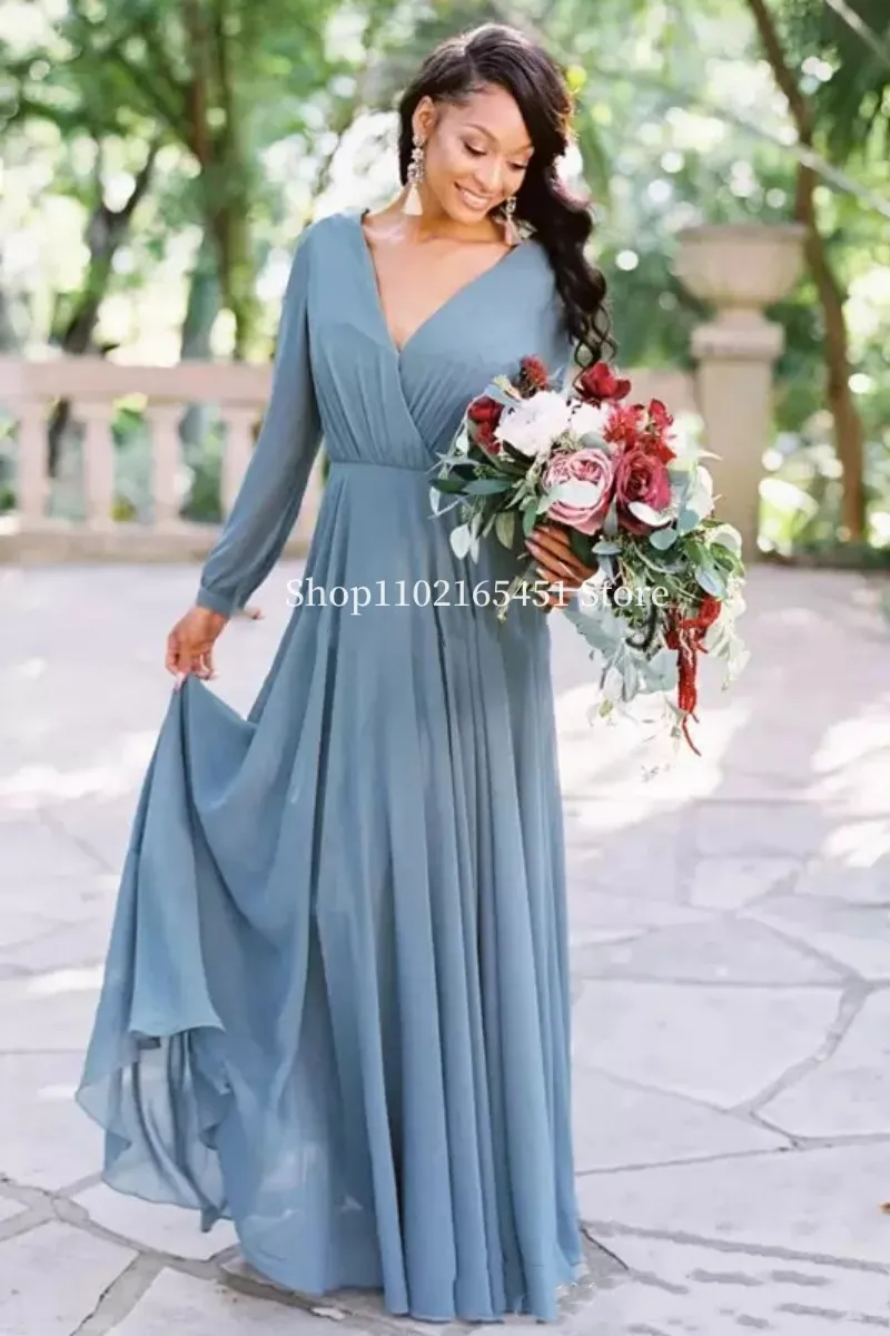 Dusty Blue Country Long Bridesmaid Dresses with Long Sleeve Retro Chiffon Full length Wedding Guest Party Dress Customized