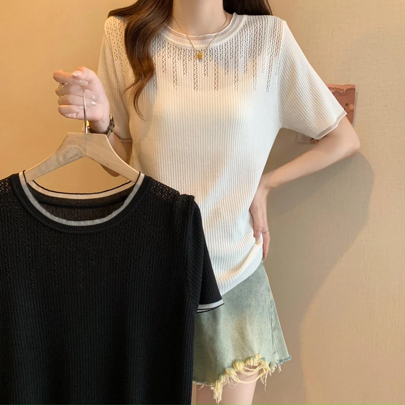 Sexy Hollow Knit Sweater Women T-shirt Pullovers Casual Fashion Stylish Chic Ladies Tees Tops Short Sleeve O-neck Jumpers