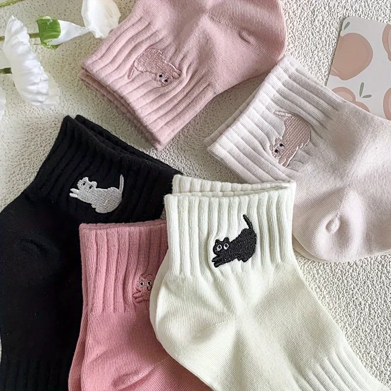 Chaussettes courtes brodées de chat pour femmes, style mignon, bas et bonneterie, 1 paire