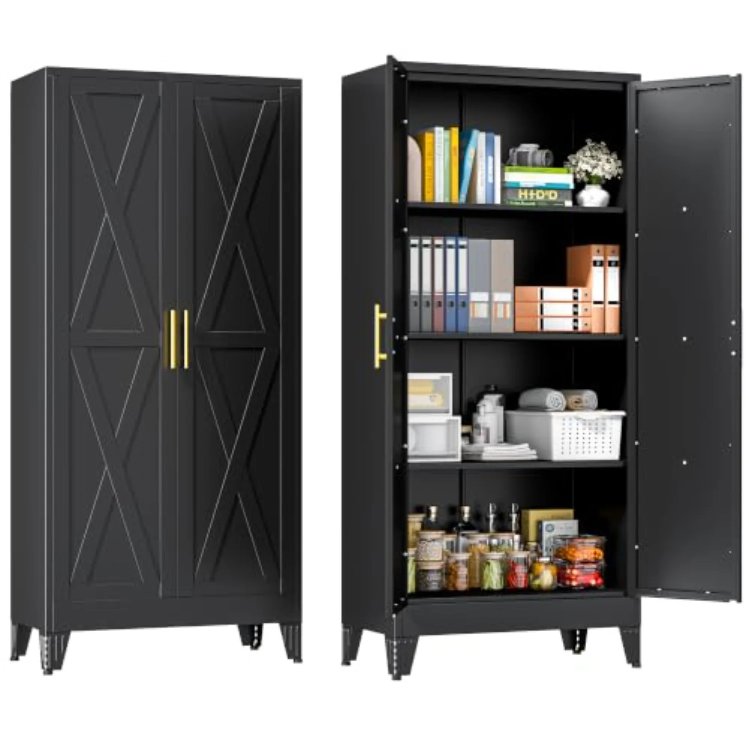 61" Metal Storage Cabinet with 2 Doors and 3 Adjustable Shelves,Black Farmhouse Kitchen Pantry Cabinet,Steel Garage