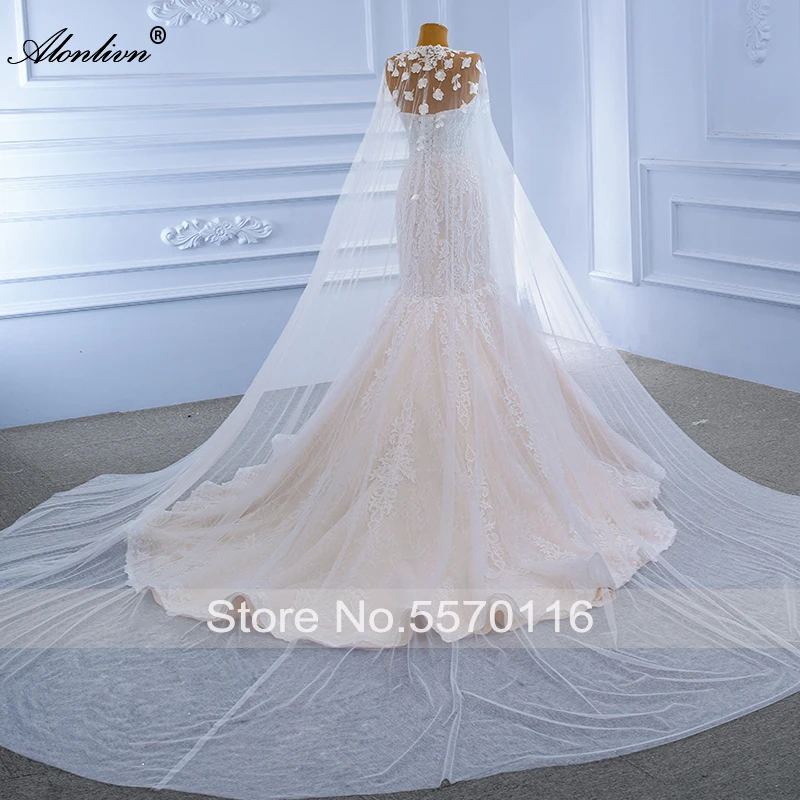 Alonlivn Beauty Lace Strapless Mermaid Wedding Dresses Appliques Embroidery Bridal Gown With Detachable Cloak