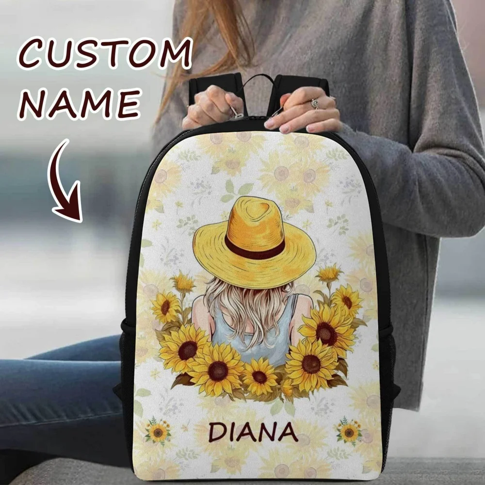 Personalized Custom Name Sunflower Print Backpack, Customized Girl Pattern Large Capacity School Travel Bookbag for Women Teens