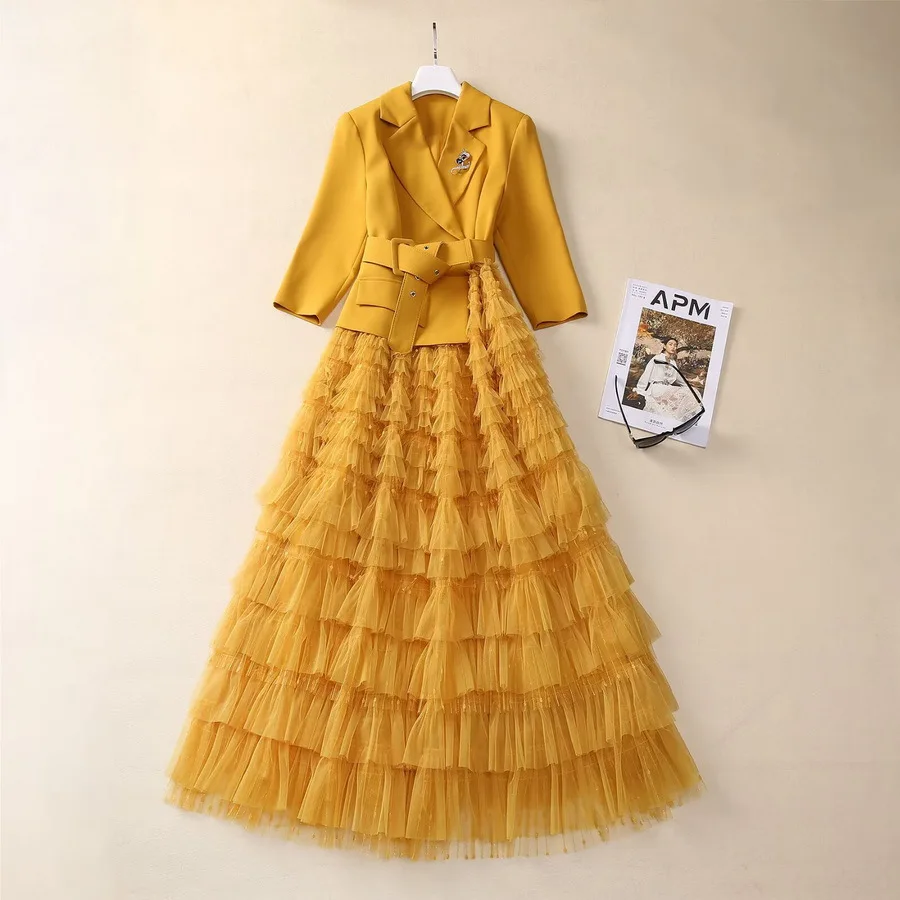 

European and American women's clothing 2025 spring new Three-quarter sleeve suit collar patchwork gauze cake Fashion dress XXL