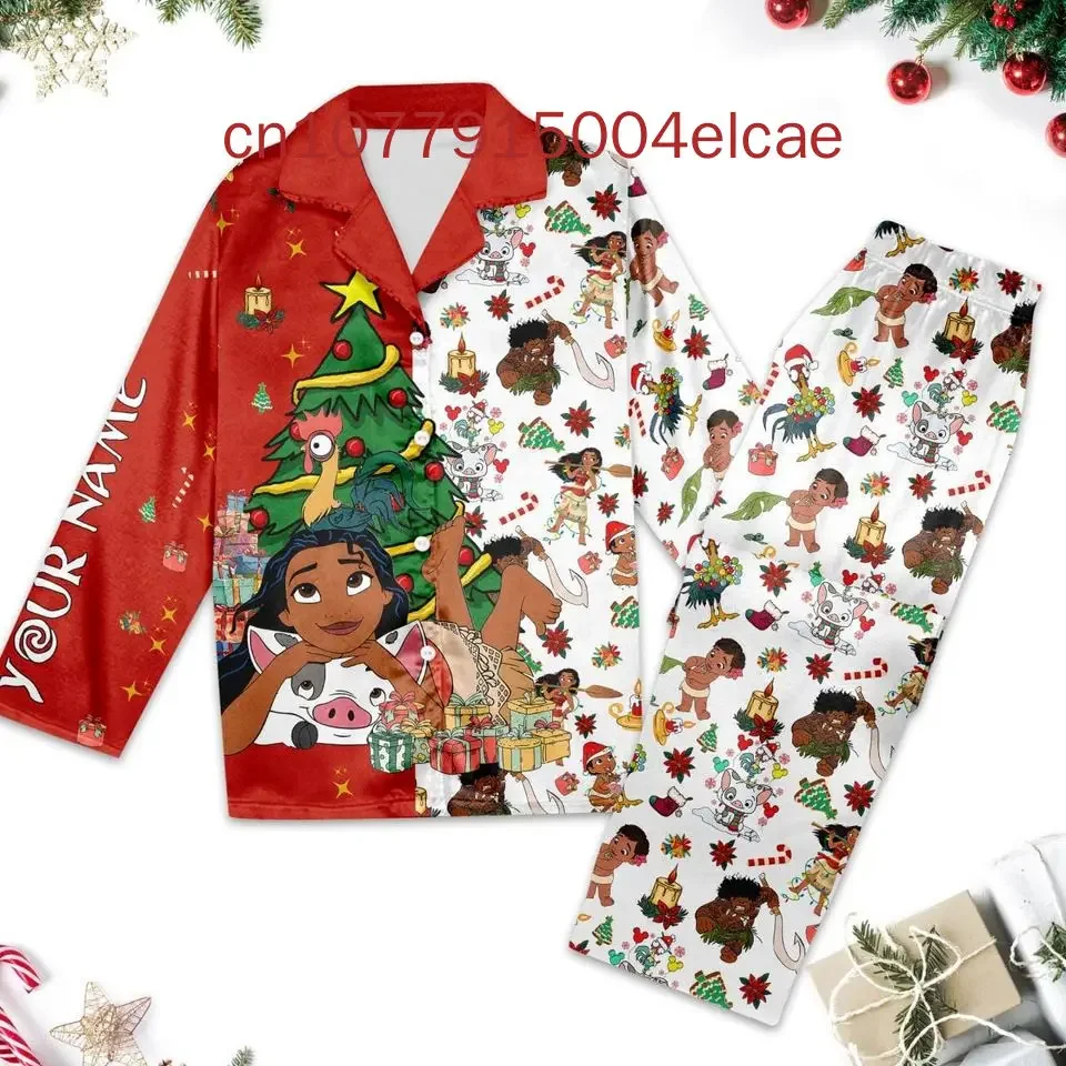 2024 New Disney Moana Princess Pajama Set 3D Printed Casual Men's and Women's Long Sleeve Shirt Pajama Set