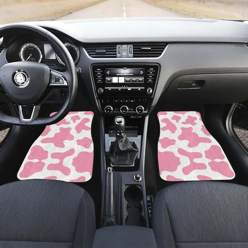 Pastel Pink And White Cow Print Front and Back Car Floor Mats    Heavy Carpet Front and Rear Full Set 4PCs Pack