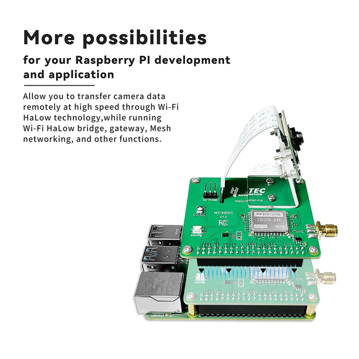 

A40I HR01 WiFi HaLow Module Pi-CamLow for HAT 5MP Camera 2KM Range 32.5Mbps Mesh Networking