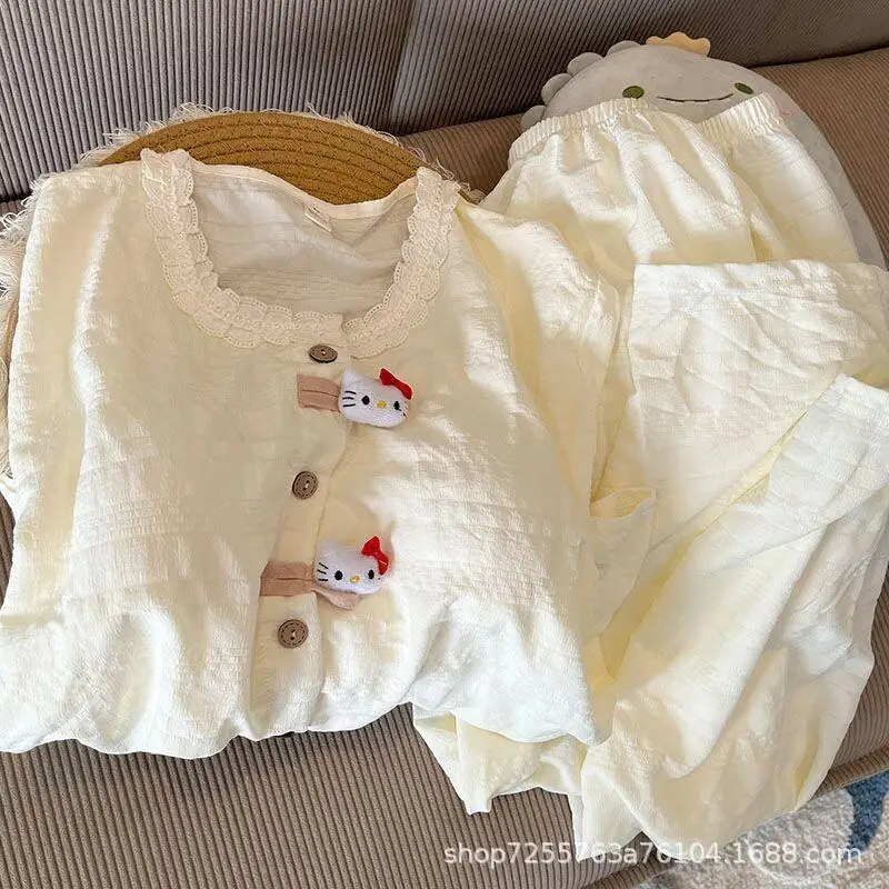 

Комплект пижам Sanrio Hello Kitty, мягкая домашняя одежда для женщин и девочек, абрикосовый цвет, со встроенным бюстгальтером, с длинными рукавами и длинными брюками, всесезонная ночная одежда