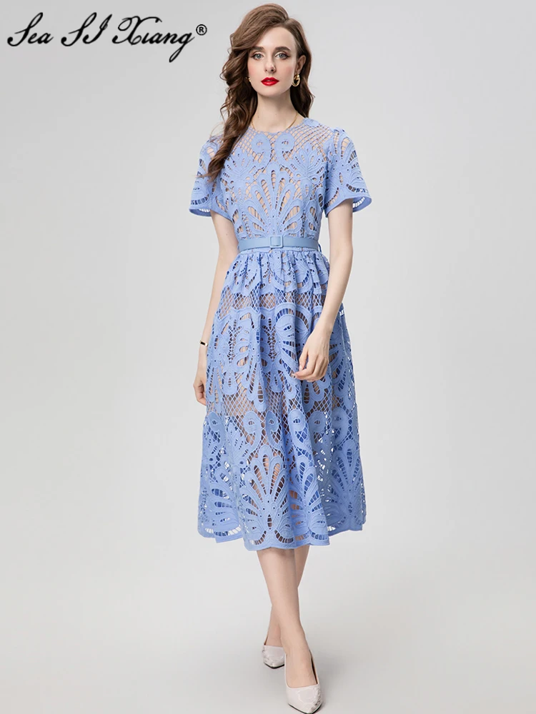 

Seasixiang Fashion Designer Summer Blue Dress Women's O-Neck Short Sleeve Hollow Out Sashes Vintage Dresses