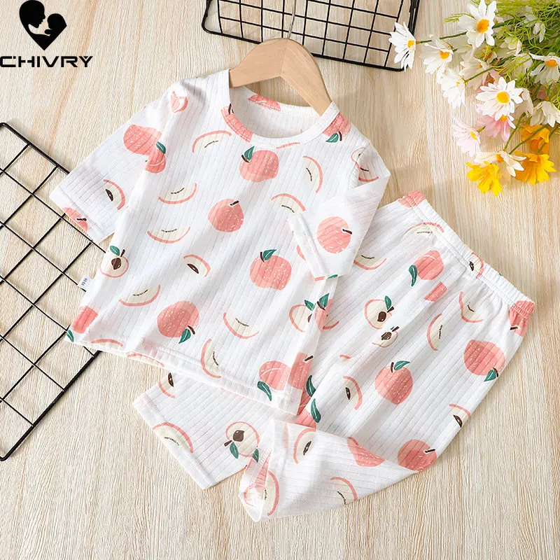 Pijamas finos y suaves para niños y niñas, con dibujos animados de tres cuartos Camiseta de manga, Tops con pantalones, ropa de dormir para bebés, ropa de estar por casa, 2023