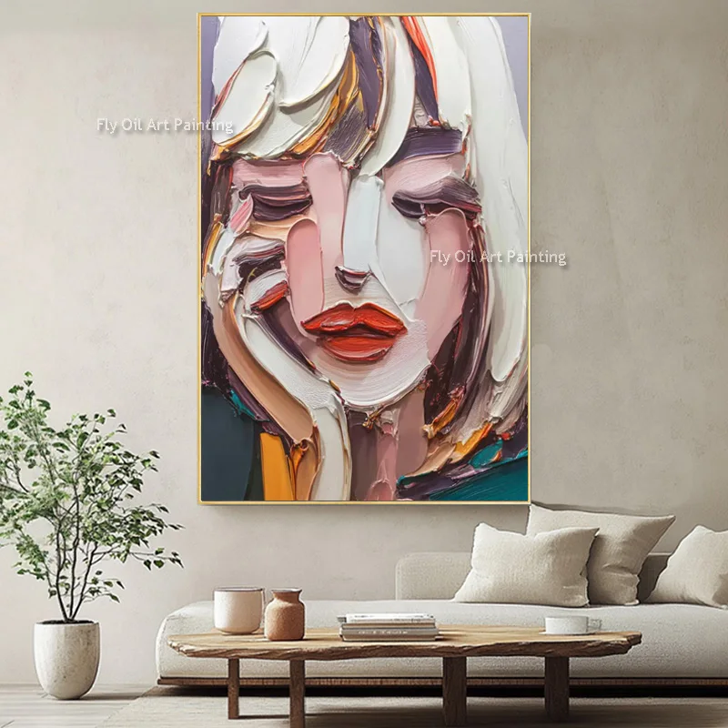 

White Pink Knife Thick Abstract Women Portrait Canvas Oil Painting Hand Painted Blue Beige Girl With Flowers Wall Art Decor